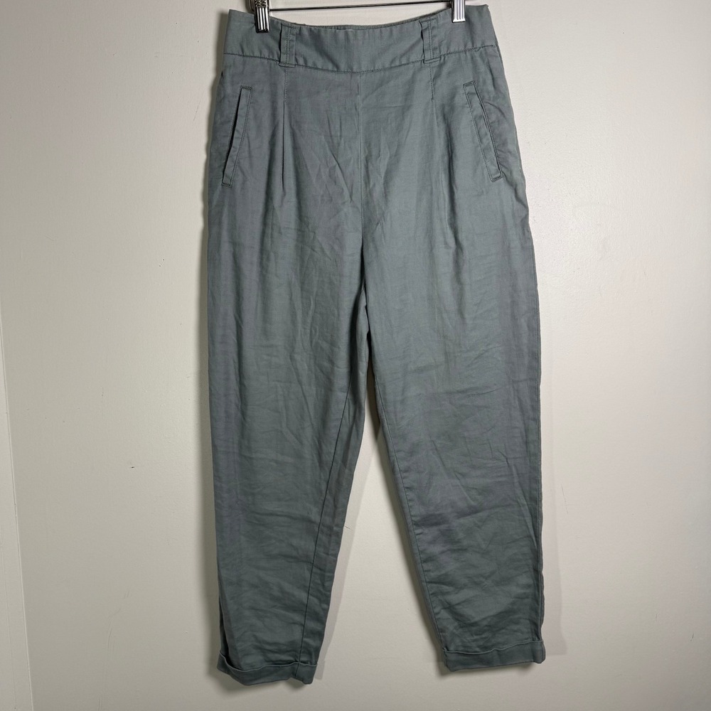 Anthropologie Ett Twa Tapered Pants Womens 2 Green Linen Blend High Rise Pleated